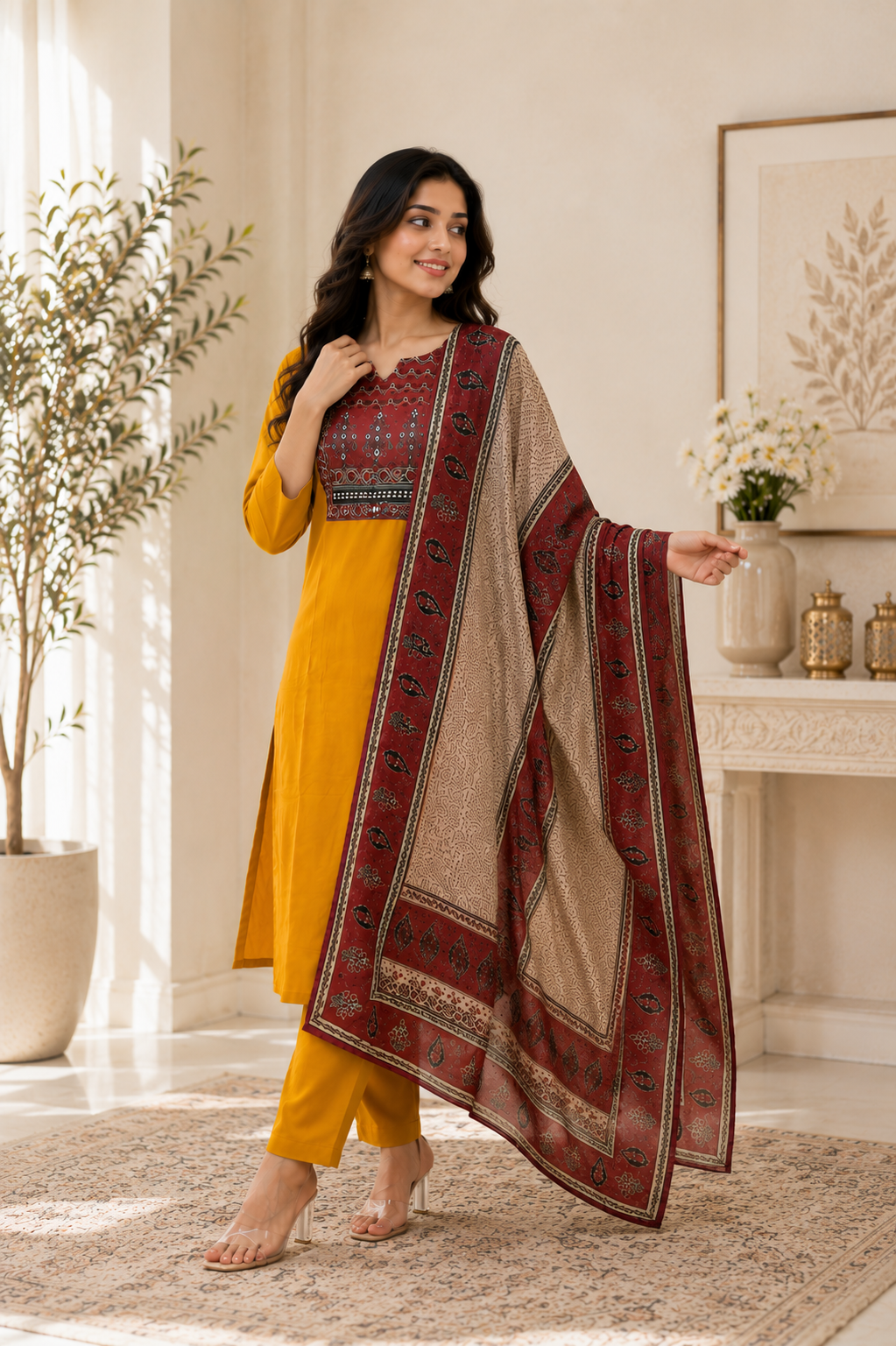 Magic Mustard Yellow Printed Rayon Kurta Pant Set