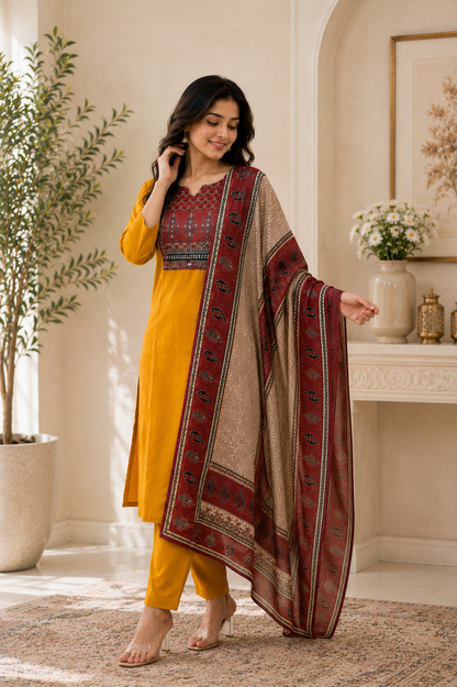 Magic Mustard Yellow Printed Rayon Kurta Pant Set