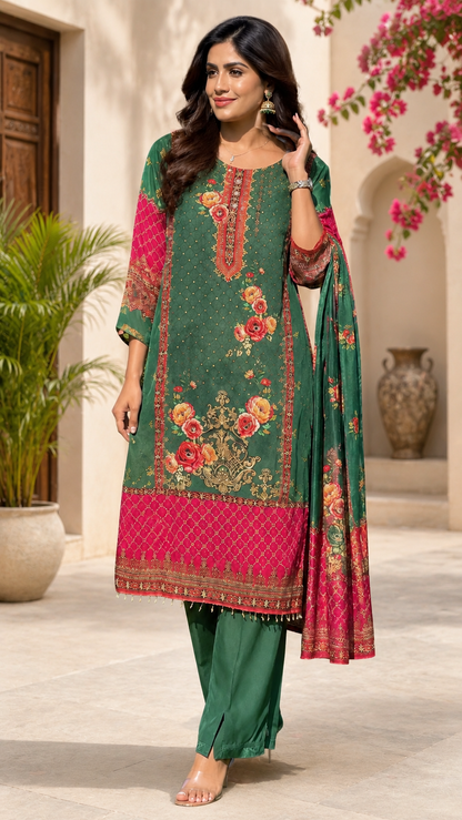 Women's Green Floral Printed Straight Kurta Pant & Dupatta Set |