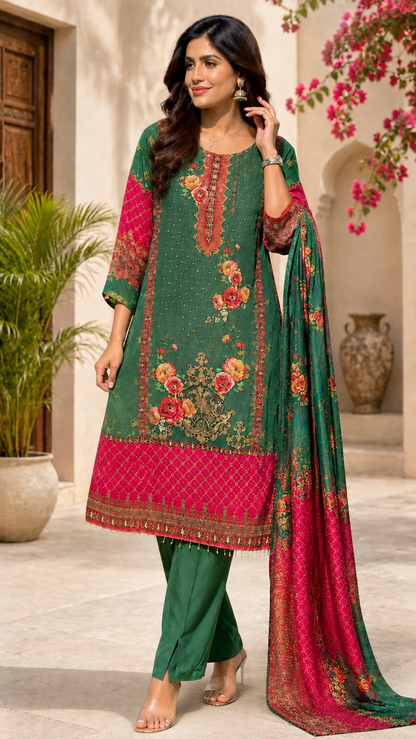 Women's Green Floral Printed Straight Kurta Pant & Dupatta Set |
