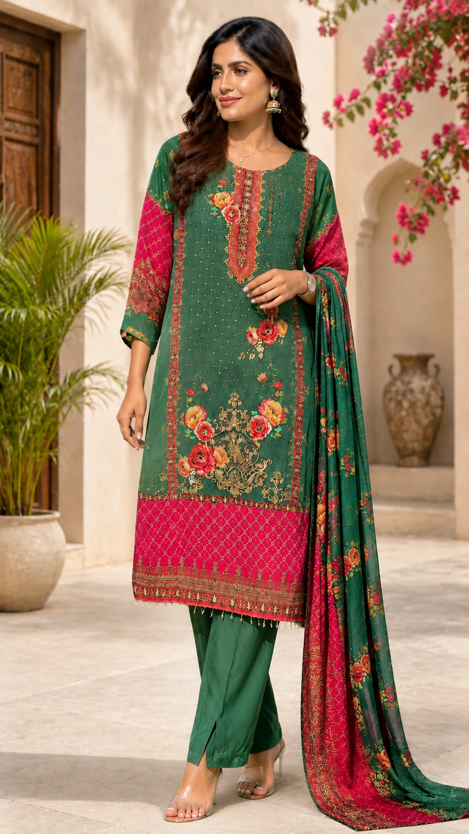 Women's Green Floral Printed Straight Kurta Pant & Dupatta Set |