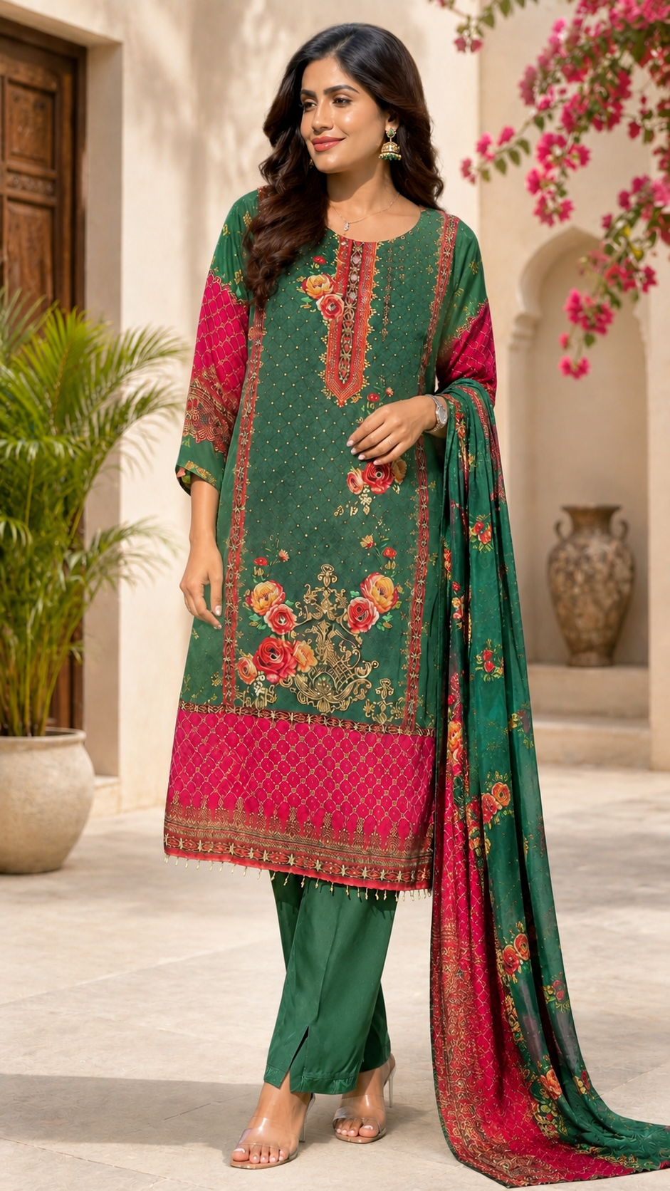 Women's Green Floral Printed Straight Kurta Pant & Dupatta Set |