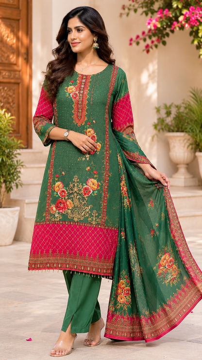 Women's Green Floral Printed Straight Kurta Pant & Dupatta Set |