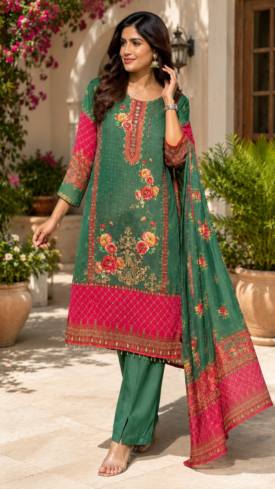 Women's Green Floral Printed Straight Kurta Pant & Dupatta Set |