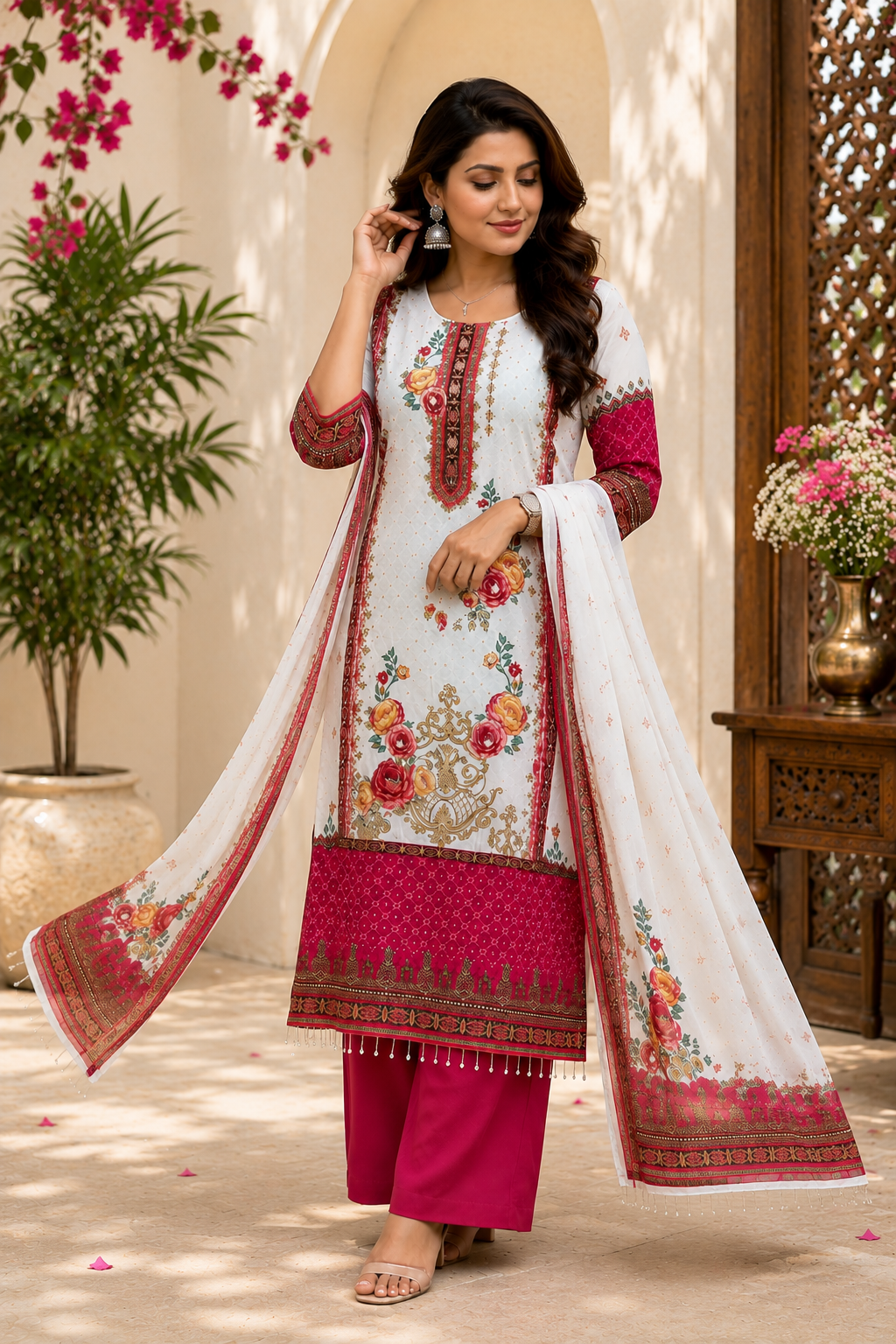 Elegant Women's White Floral Printed Kurta Pant & Dupatta Set
