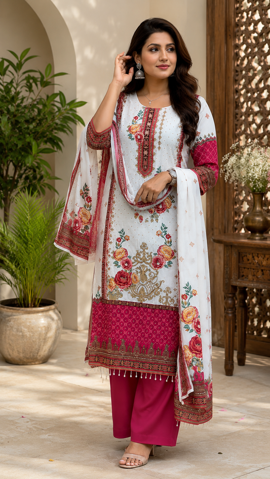 Elegant Women's White Floral Printed Kurta Pant & Dupatta Set