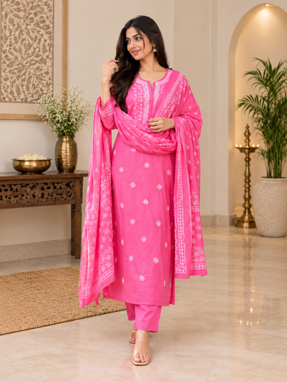 Bright Pink Embroidered Kurta Pant Dupatta Set