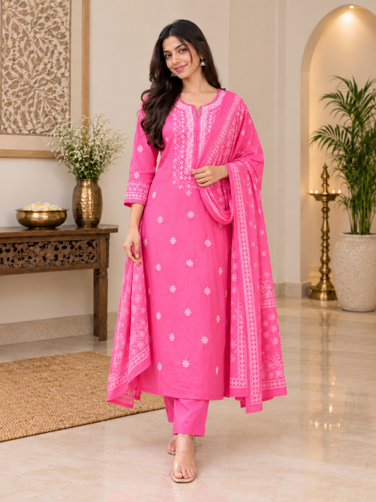 Bright Pink Embroidered Kurta Pant Dupatta Set