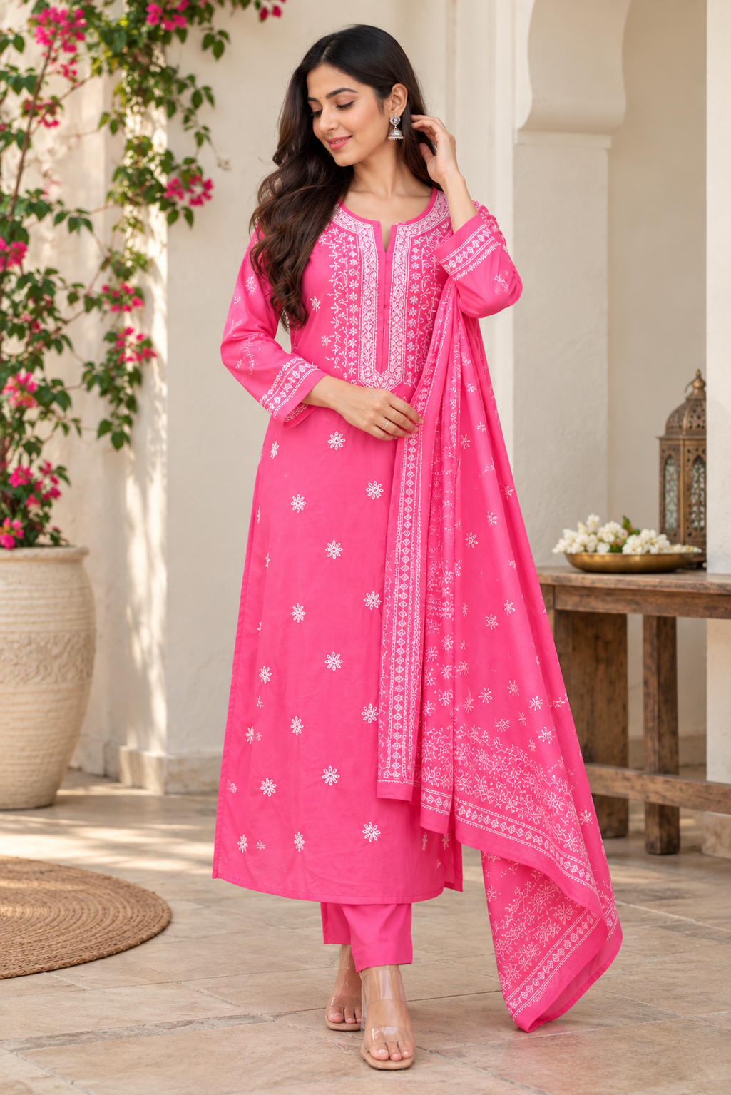 Bright Pink Embroidered Kurta Pant Dupatta Set