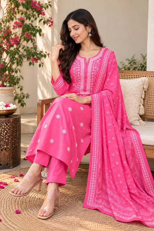 Bright Pink Embroidered Kurta Pant Dupatta Set