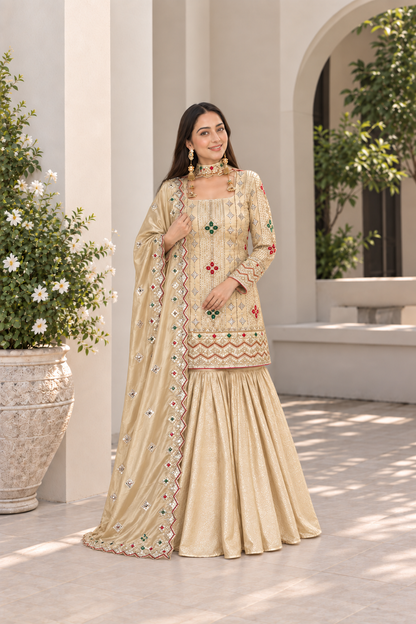 Golden Glow Kundan Work Sharara Suit Set