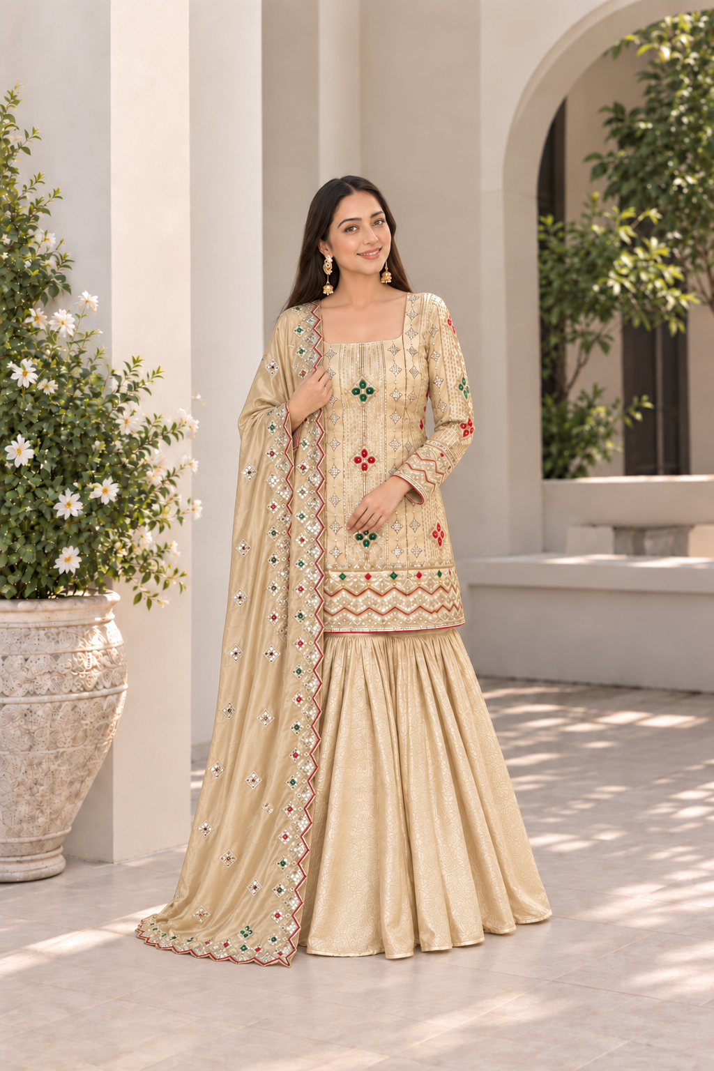 Golden Glow Kundan Work Sharara Suit Set