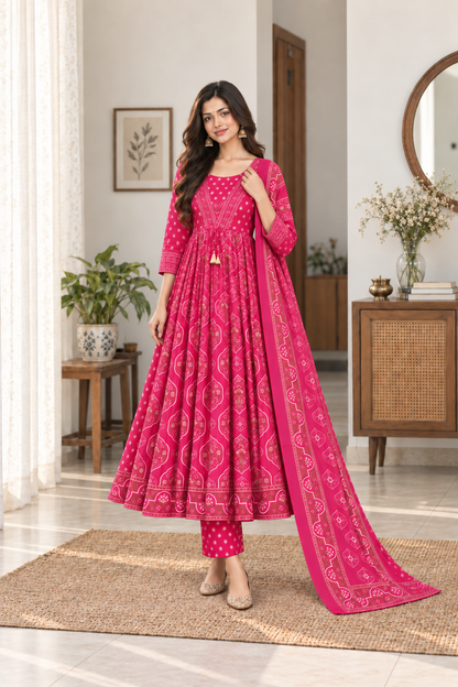 Rani Pink Printed Anarkali Pant Dupatta Set