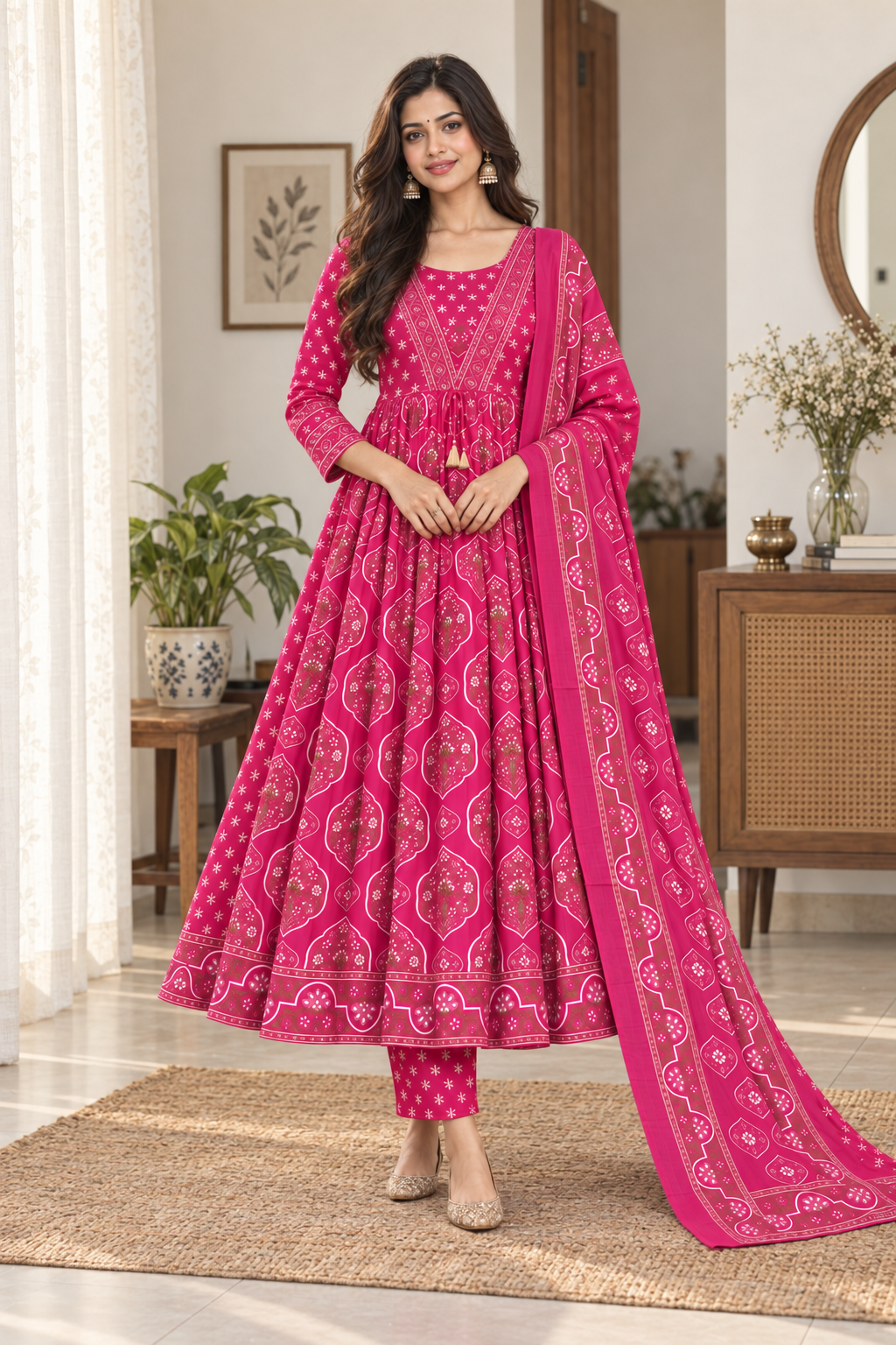 Rani Pink Printed Anarkali Pant Dupatta Set