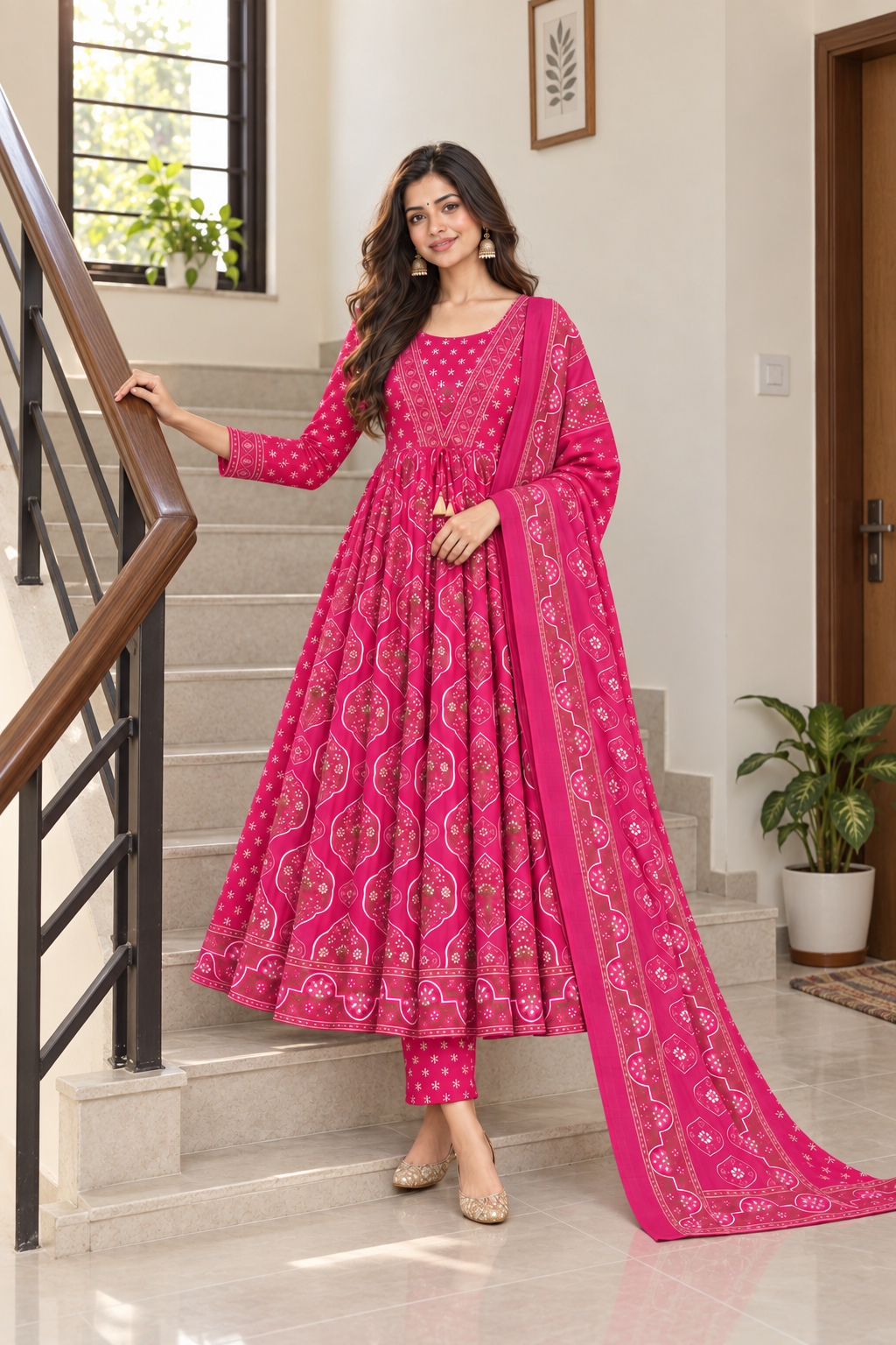 Rani Pink Printed Anarkali Pant Dupatta Set