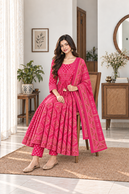 Rani Pink Printed Anarkali Pant Dupatta Set