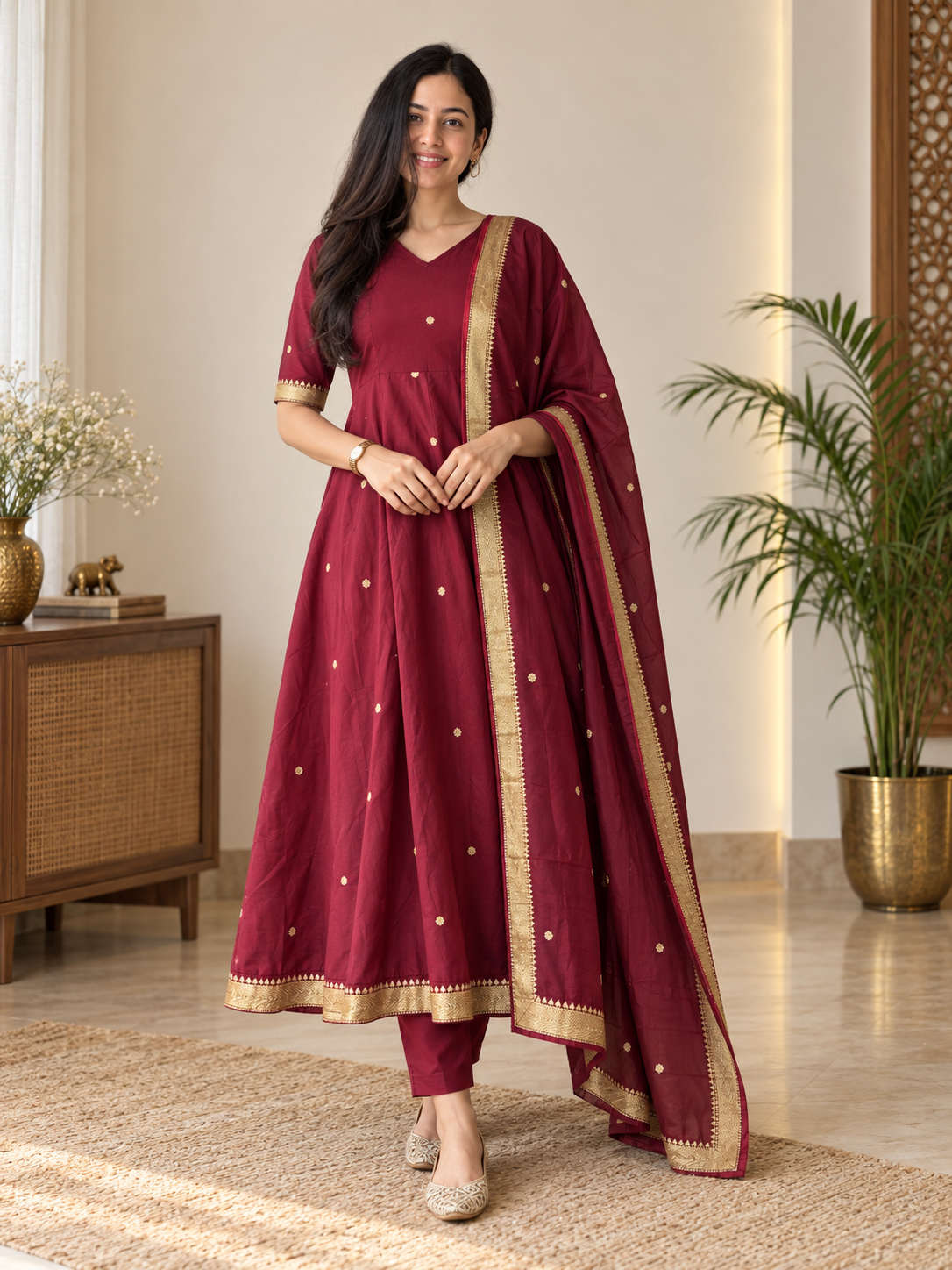 Radiant Maroon Gold Butti Anarkali Suit Set