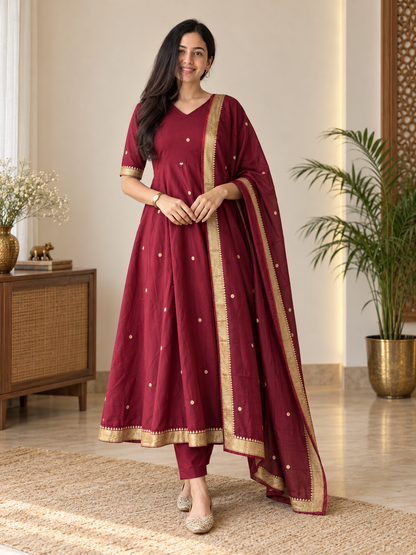 Radiant Maroon Gold Butti Anarkali Suit Set