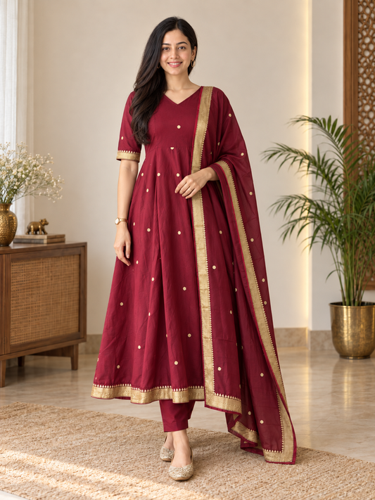 Radiant Maroon Gold Butti Anarkali Suit Set