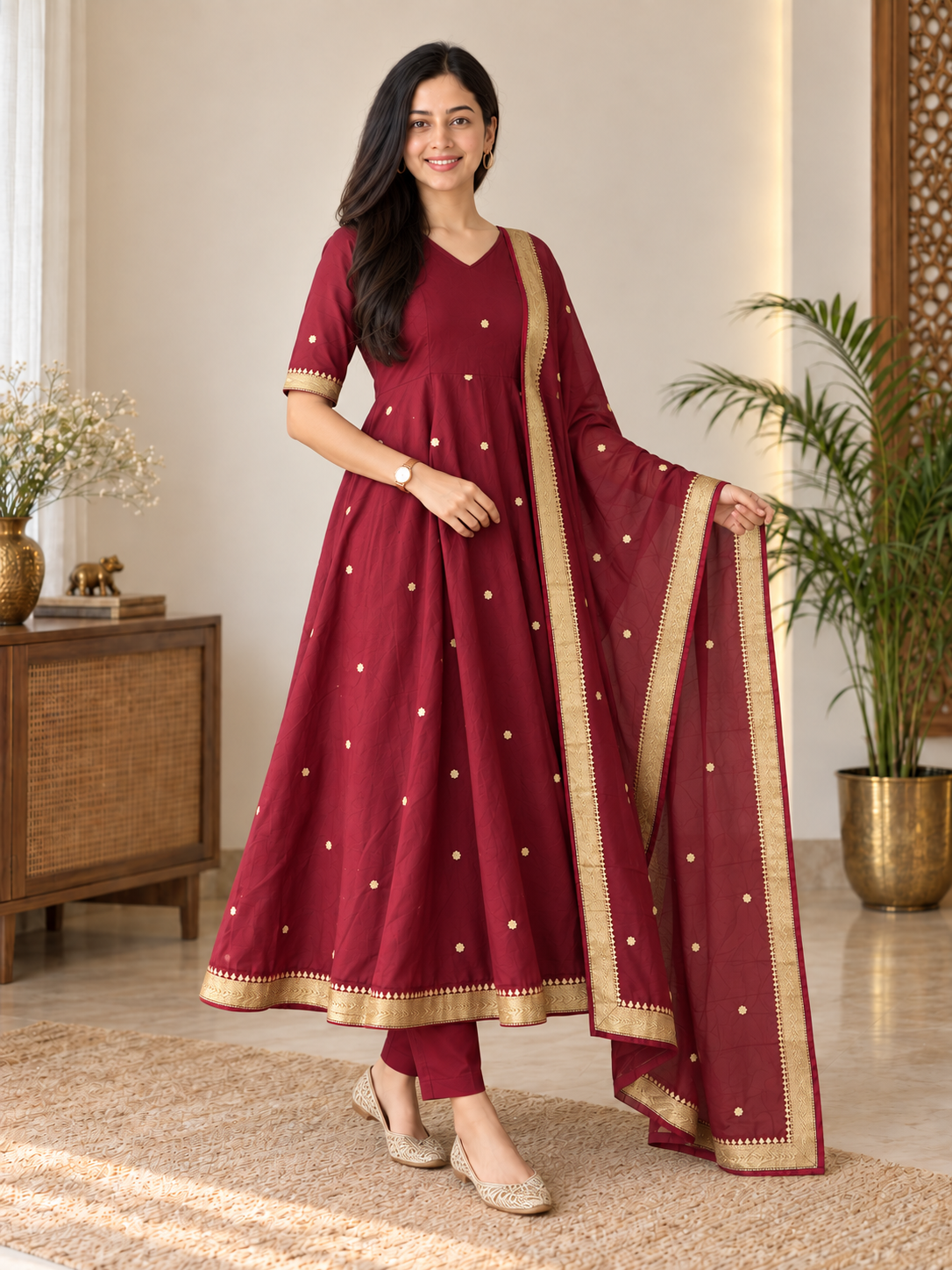 Radiant Maroon Gold Butti Anarkali Suit Set