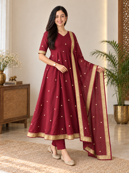 Radiant Maroon Gold Butti Anarkali Suit Set