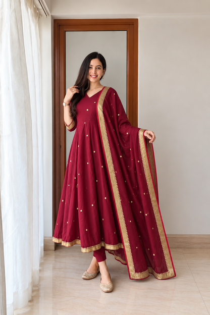 Radiant Maroon Gold Butti Anarkali Suit Set