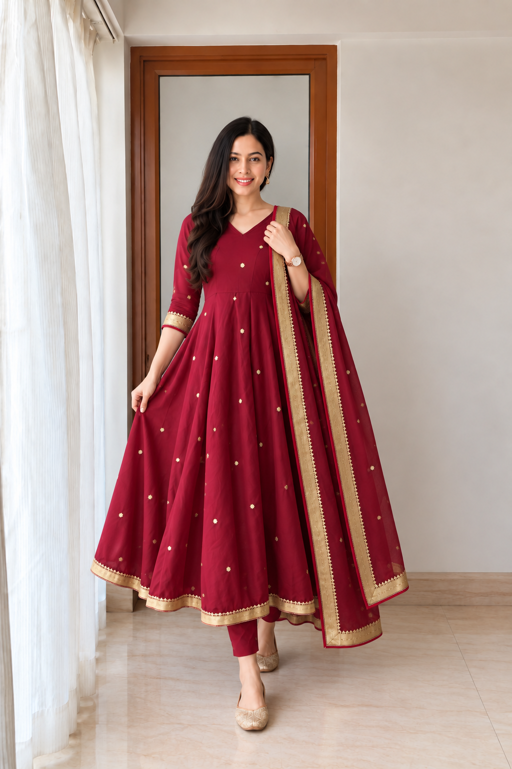 Radiant Maroon Gold Butti Anarkali Suit Set