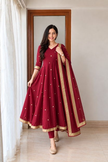 Radiant Maroon Gold Butti Anarkali Suit Set