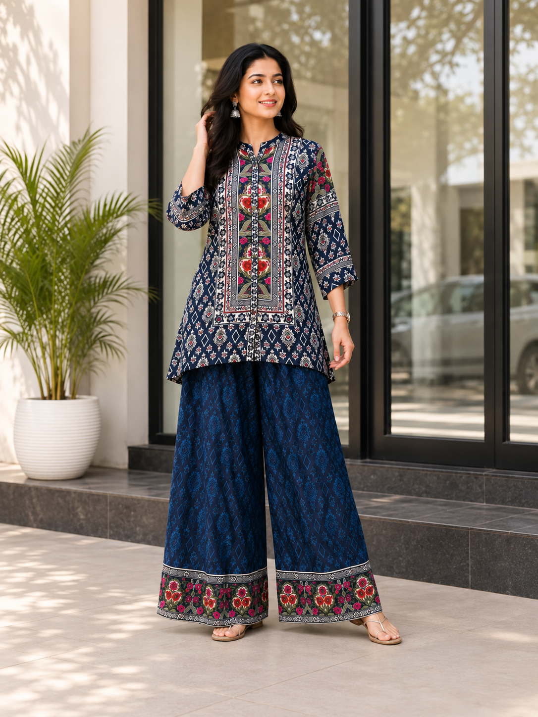 Captivating Navy Floral Kurti Palazzo Co-ord Set