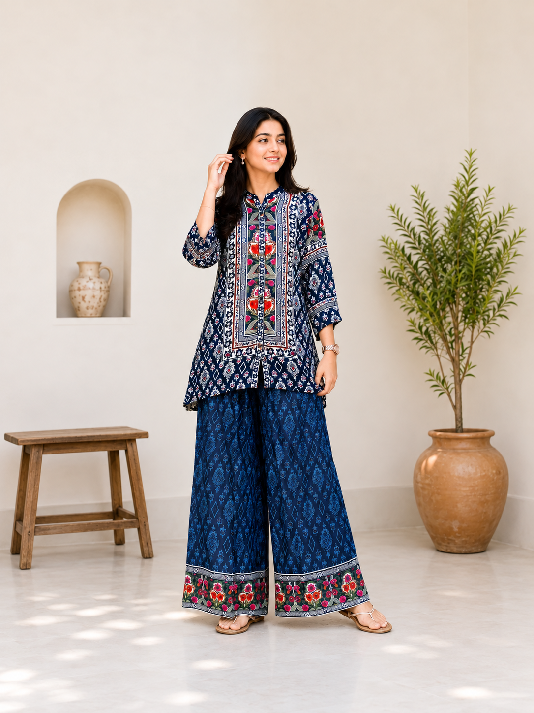 Captivating Navy Floral Kurti Palazzo Co-ord Set