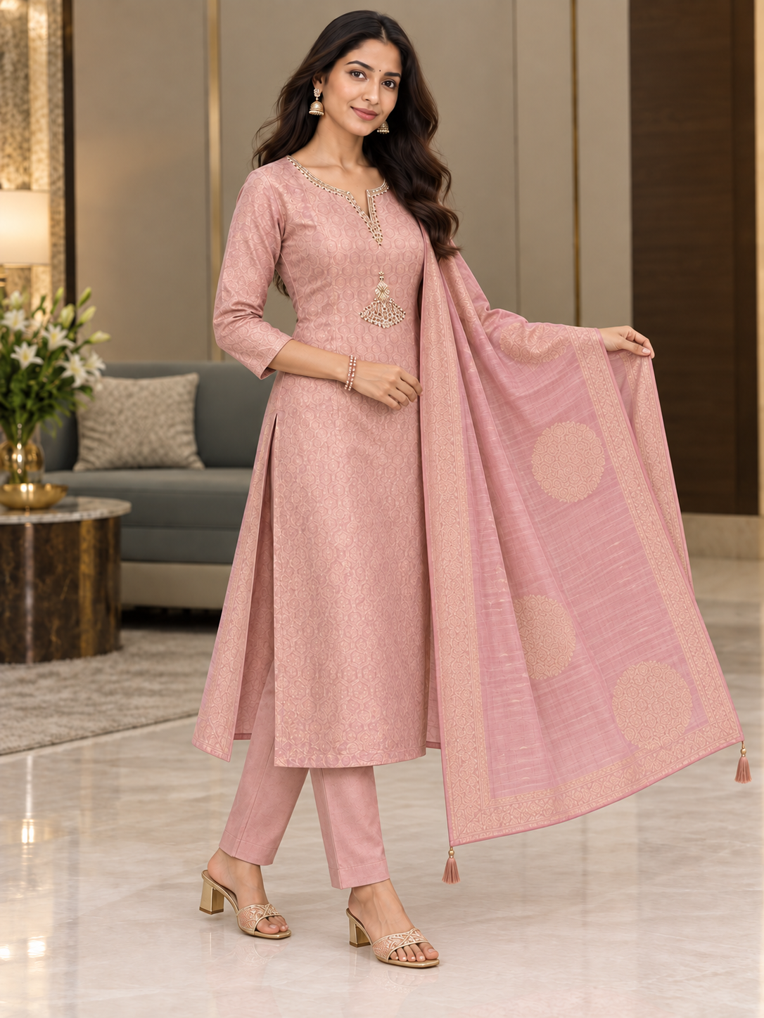 Blush Charm Jacquard Kurta Pant Set