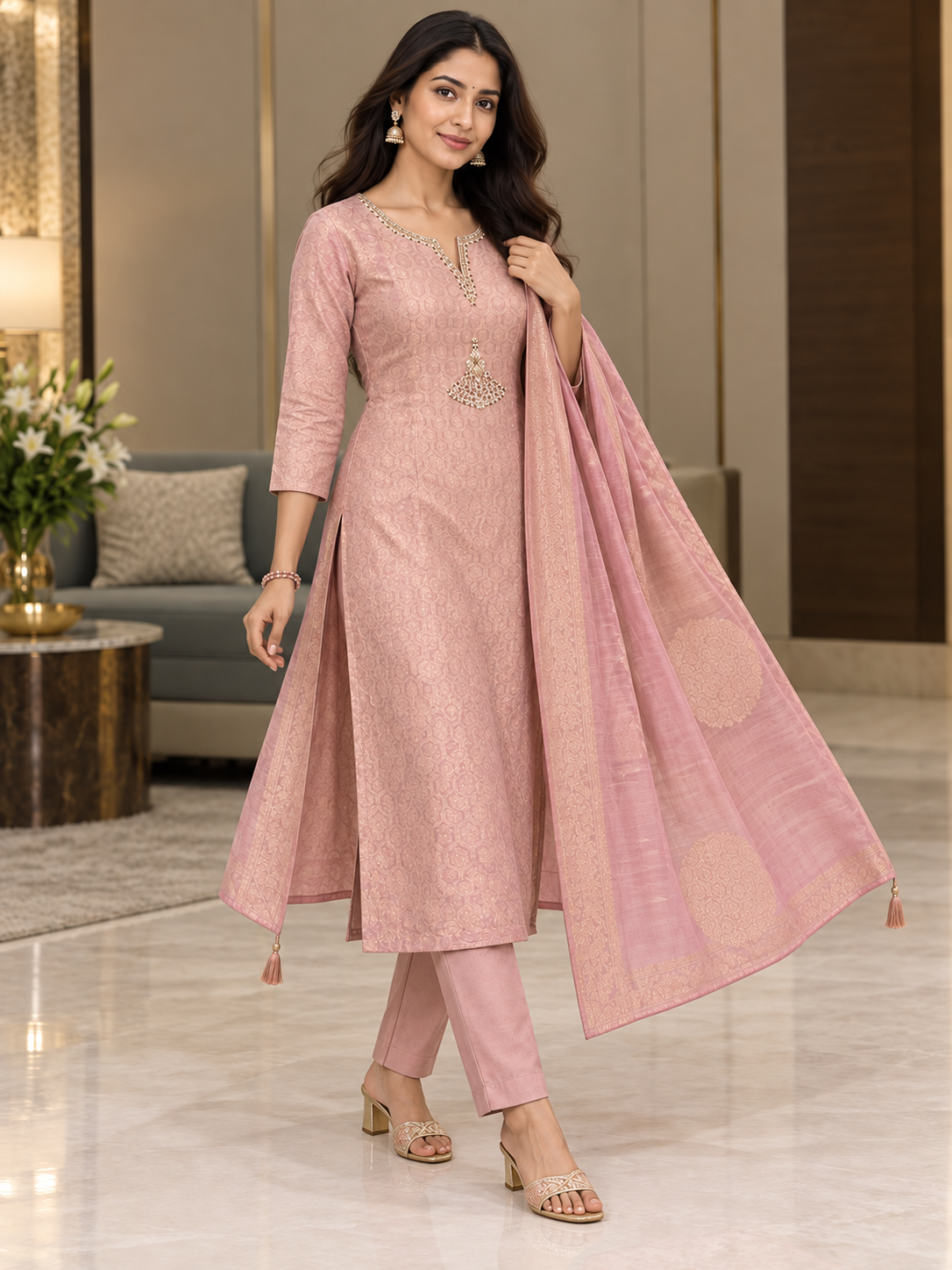 Blush Charm Jacquard Kurta Pant Set