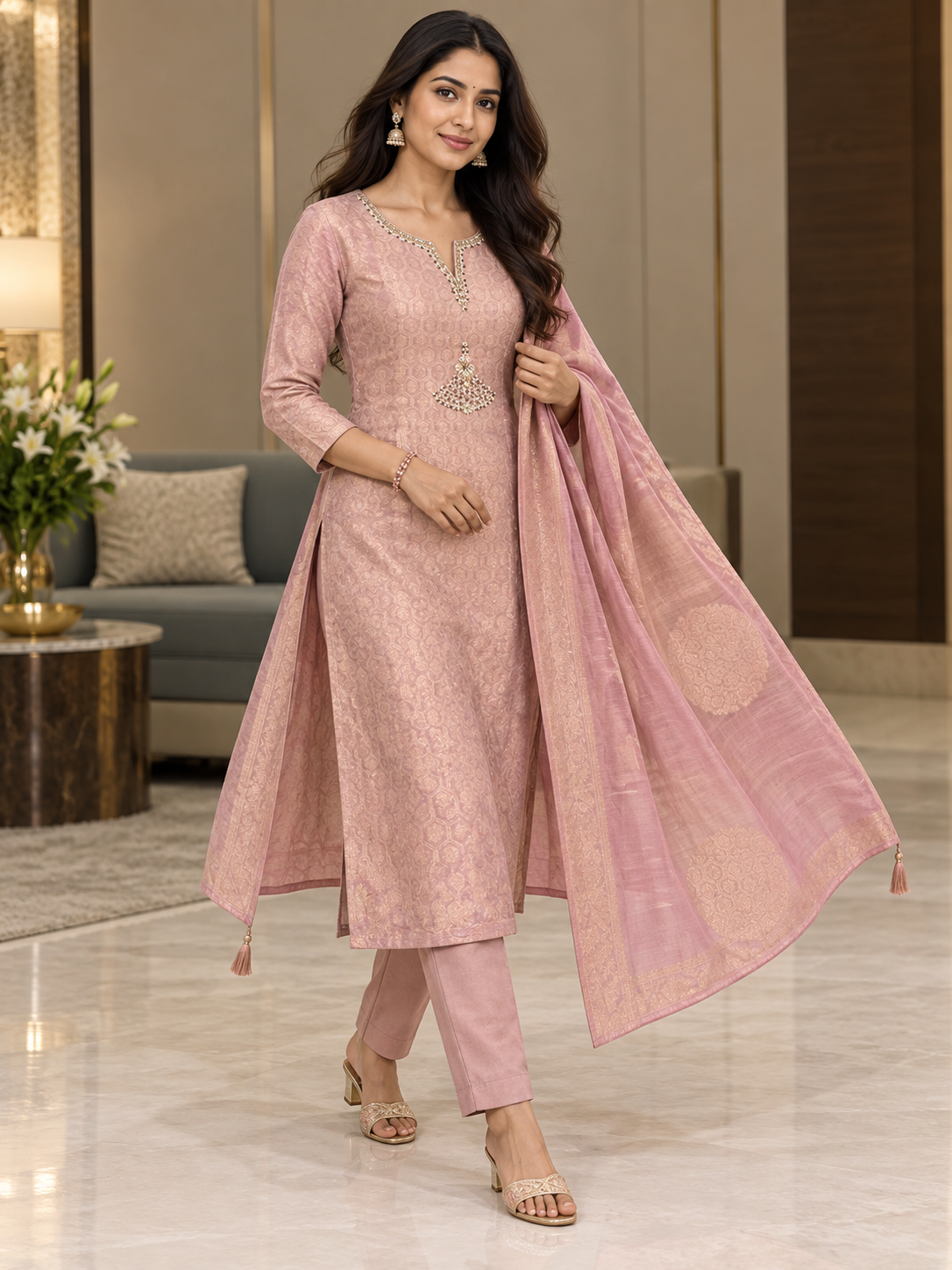 Blush Charm Jacquard Kurta Pant Set