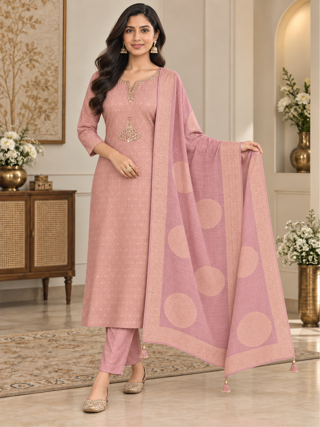 Blush Charm Jacquard Kurta Pant Set