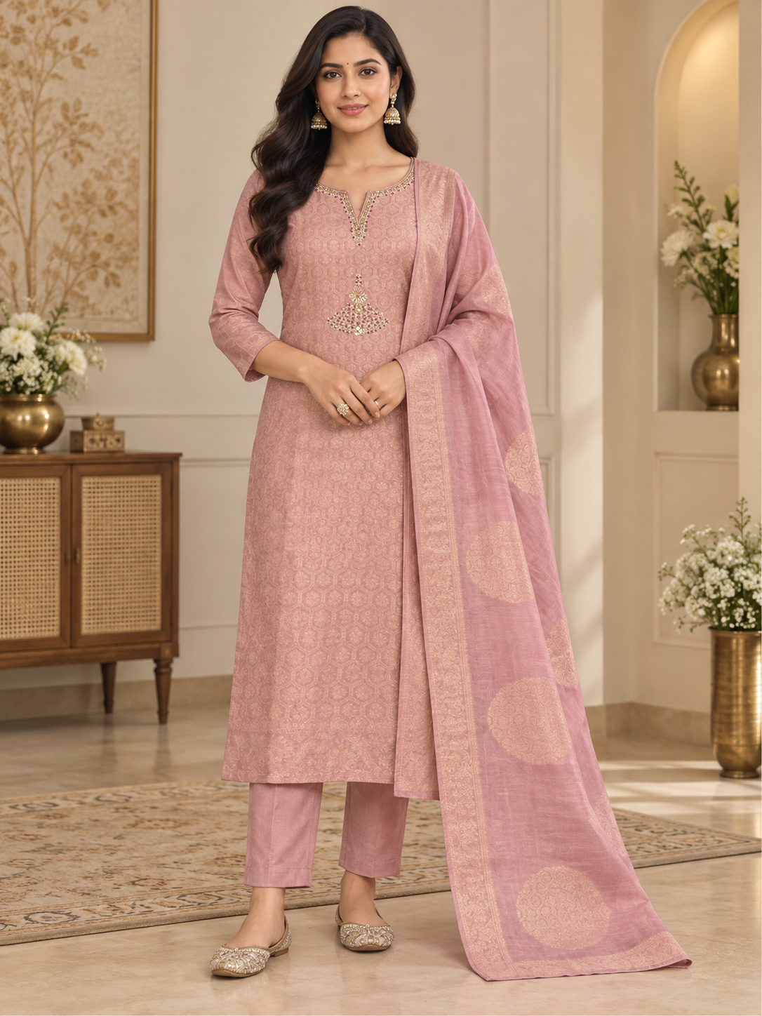 Blush Charm Jacquard Kurta Pant Set