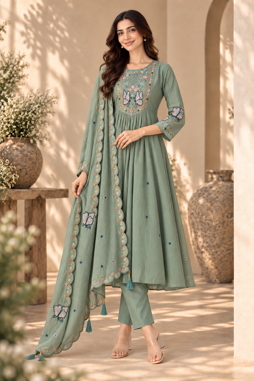 Sage Bloom Embroidered Anarkali Pant Dupatta Set