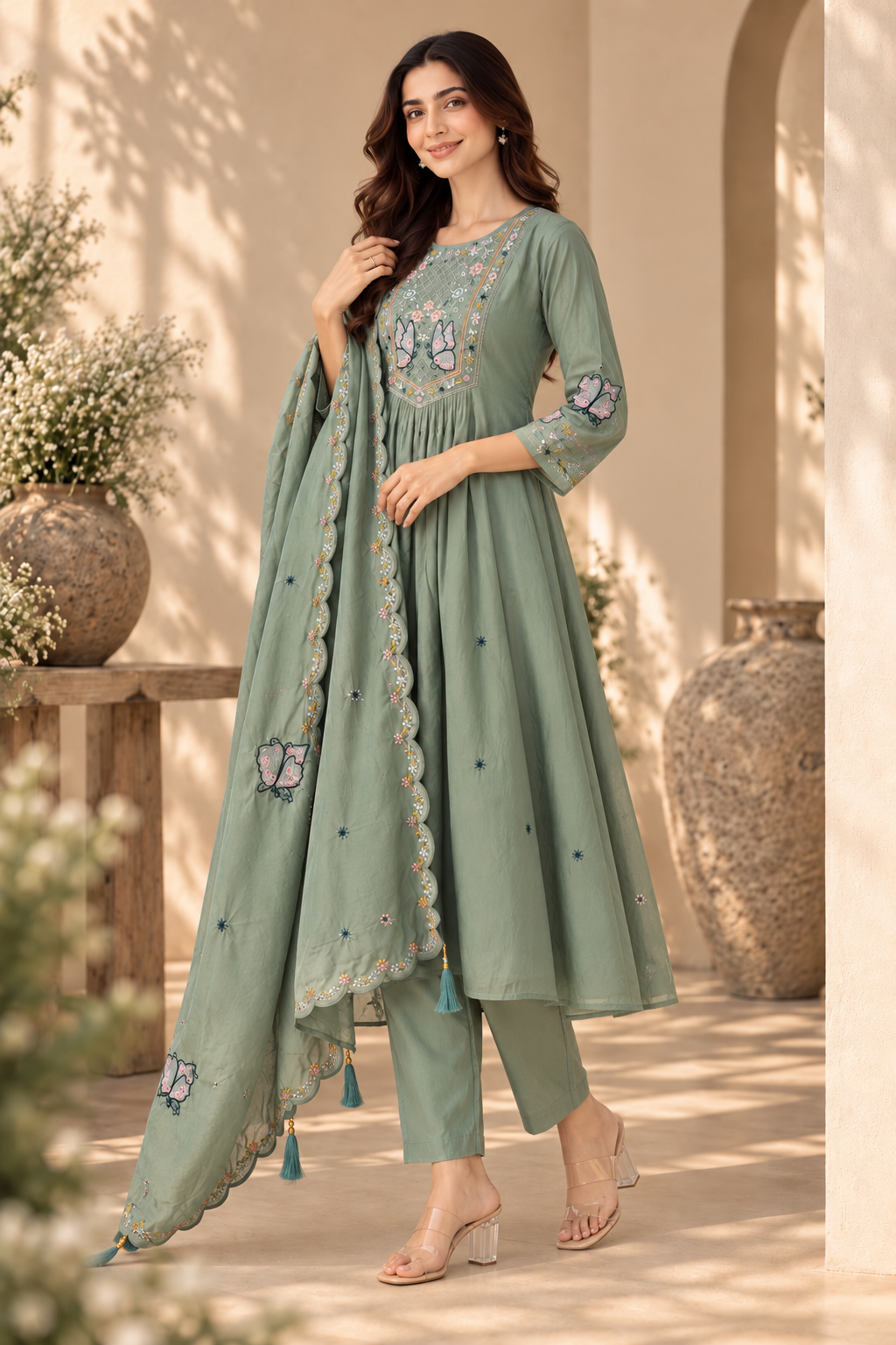 Sage Bloom Embroidered Anarkali Pant Dupatta Set