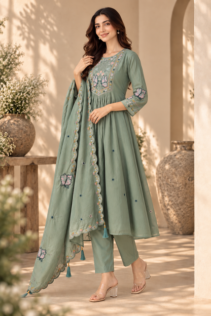 Sage Bloom Embroidered Anarkali Pant Dupatta Set