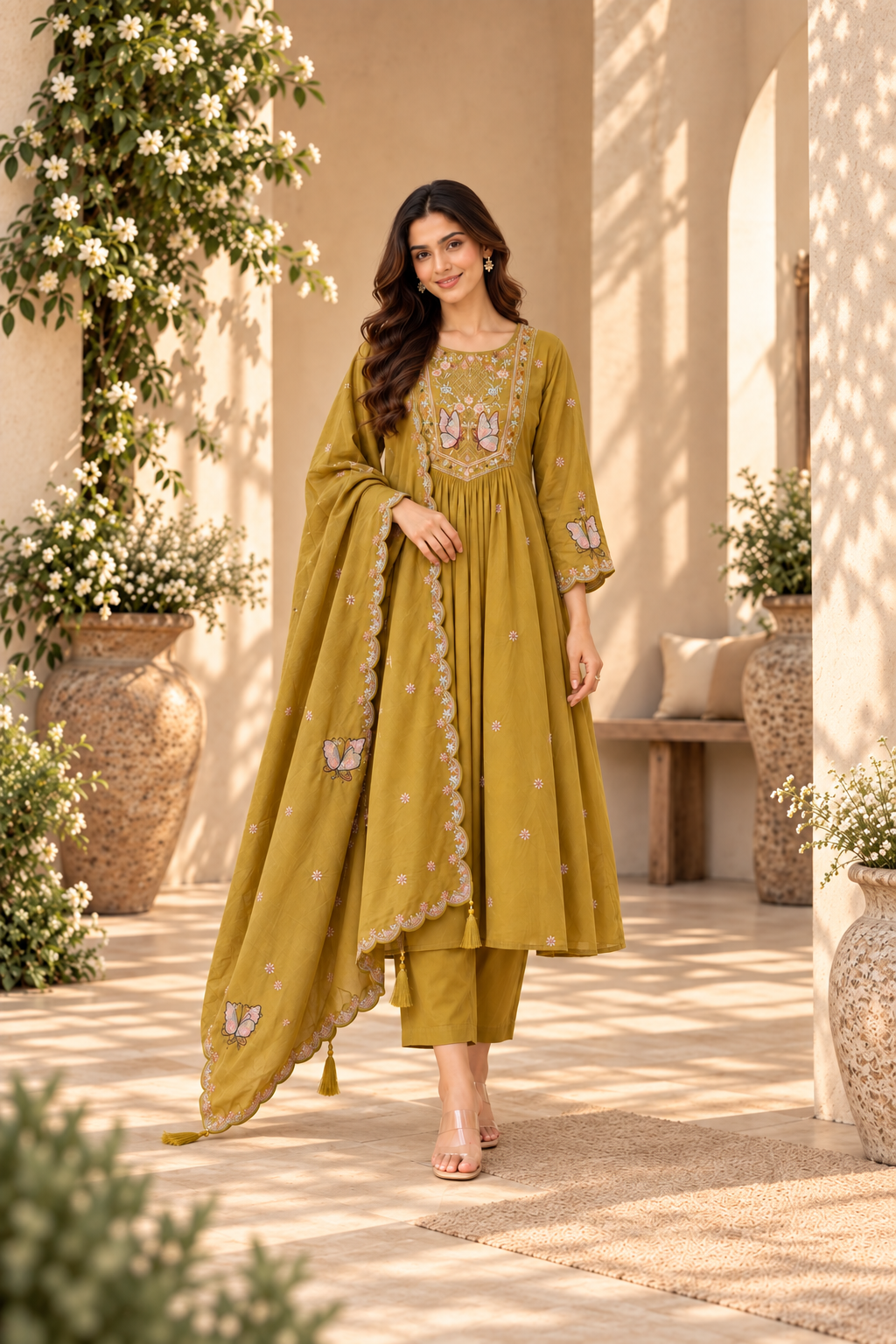 Golden Meadow Butterfly Embroidered Anarkali Suit Set