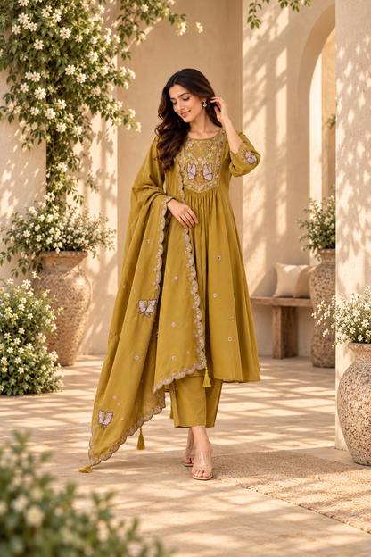 Golden Meadow Butterfly Embroidered Anarkali Suit Set