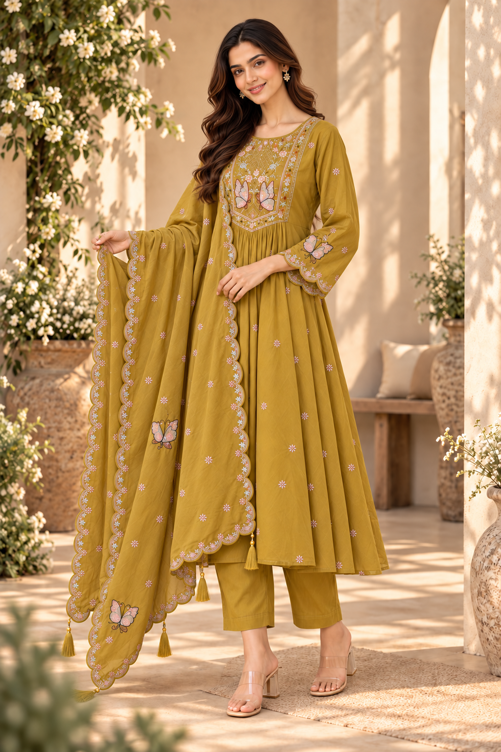 Golden Meadow Butterfly Embroidered Anarkali Suit Set