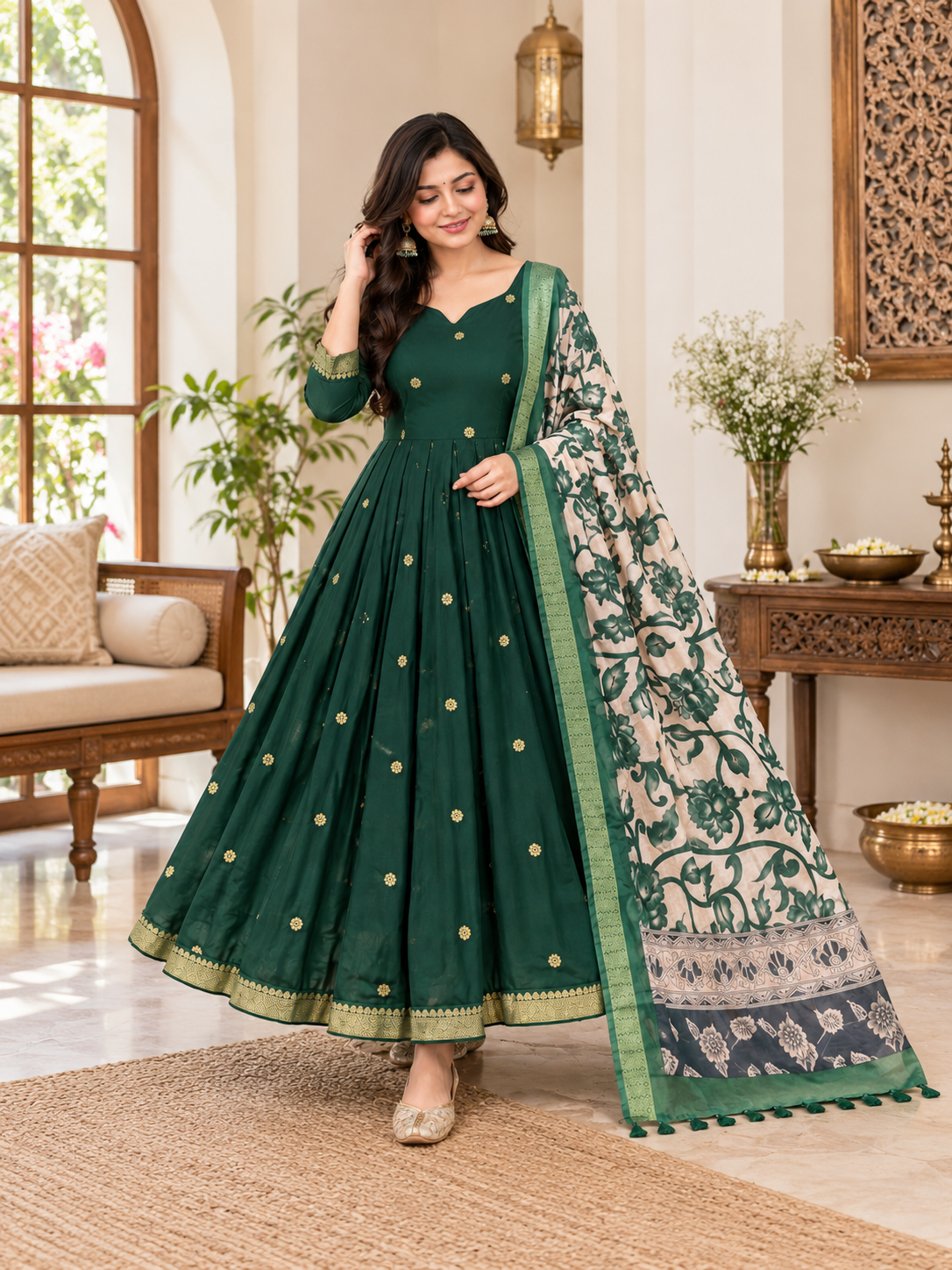 Forest Green Floral Dupatta Anarkali Set