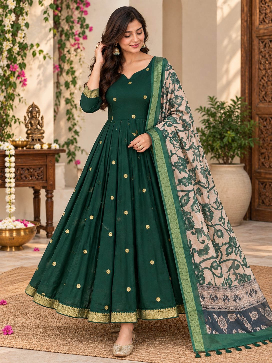 Forest Green Floral Dupatta Anarkali Set