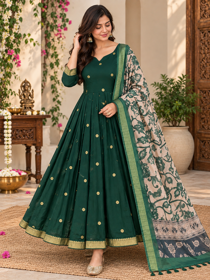 Forest Green Floral Dupatta Anarkali Set