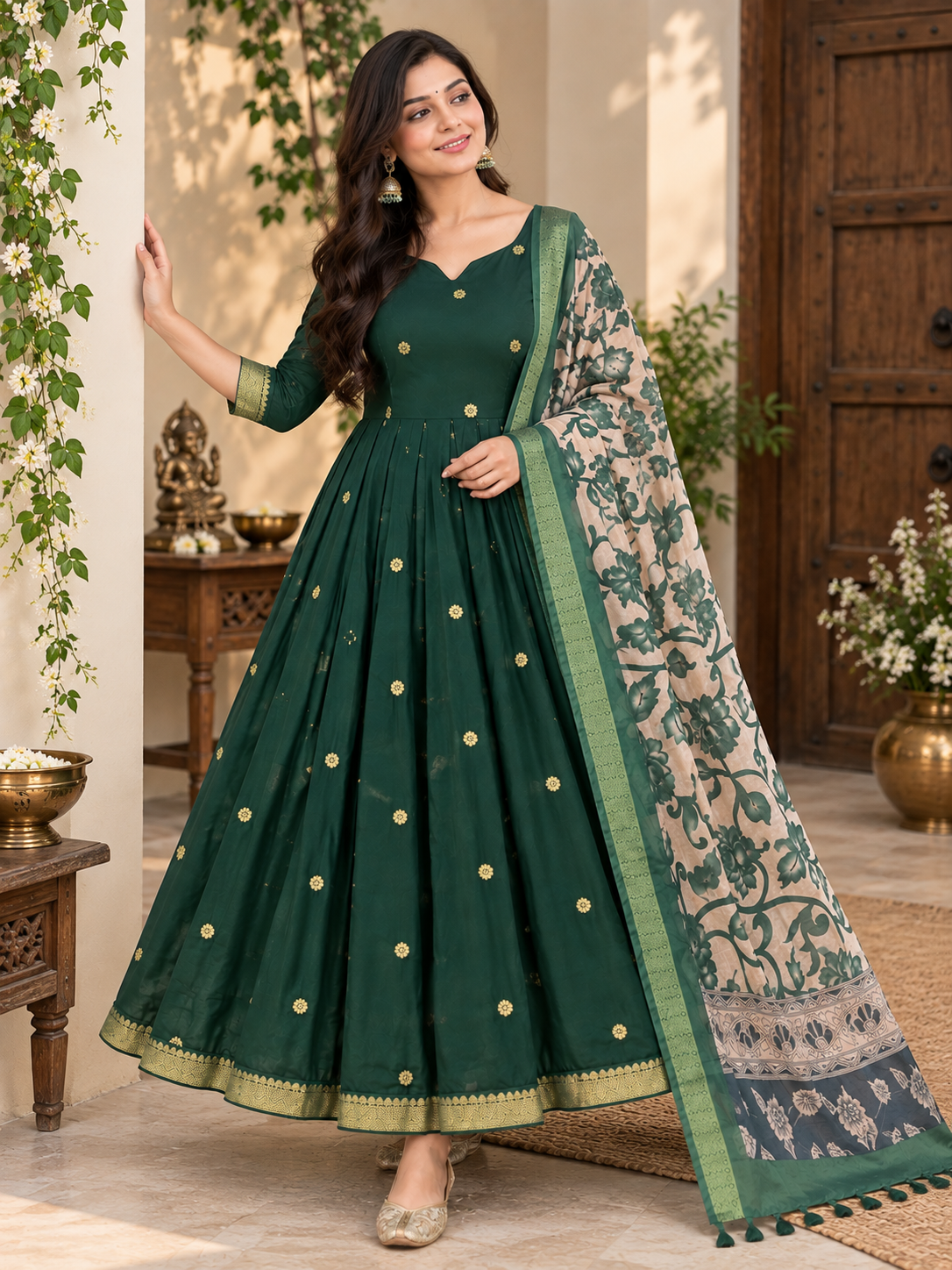 Forest Green Floral Dupatta Anarkali Set