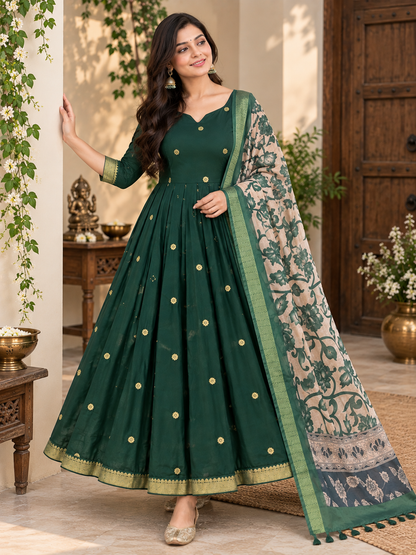 Forest Green Floral Dupatta Anarkali Set
