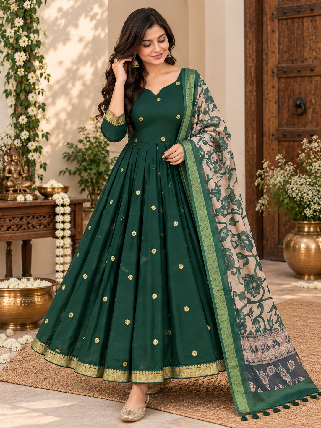 Forest Green Floral Dupatta Anarkali Set