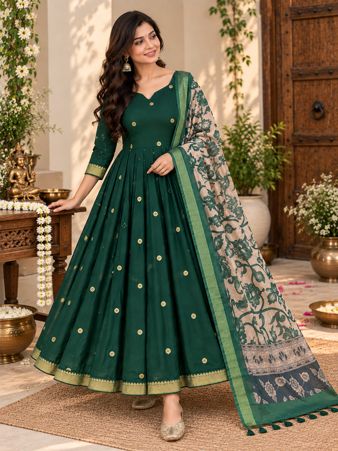 Forest Green Floral Dupatta Anarkali Set