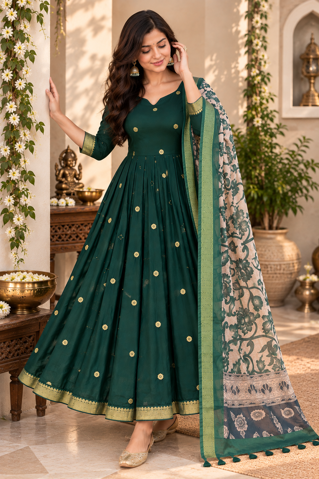 Forest Green Floral Dupatta Anarkali Set