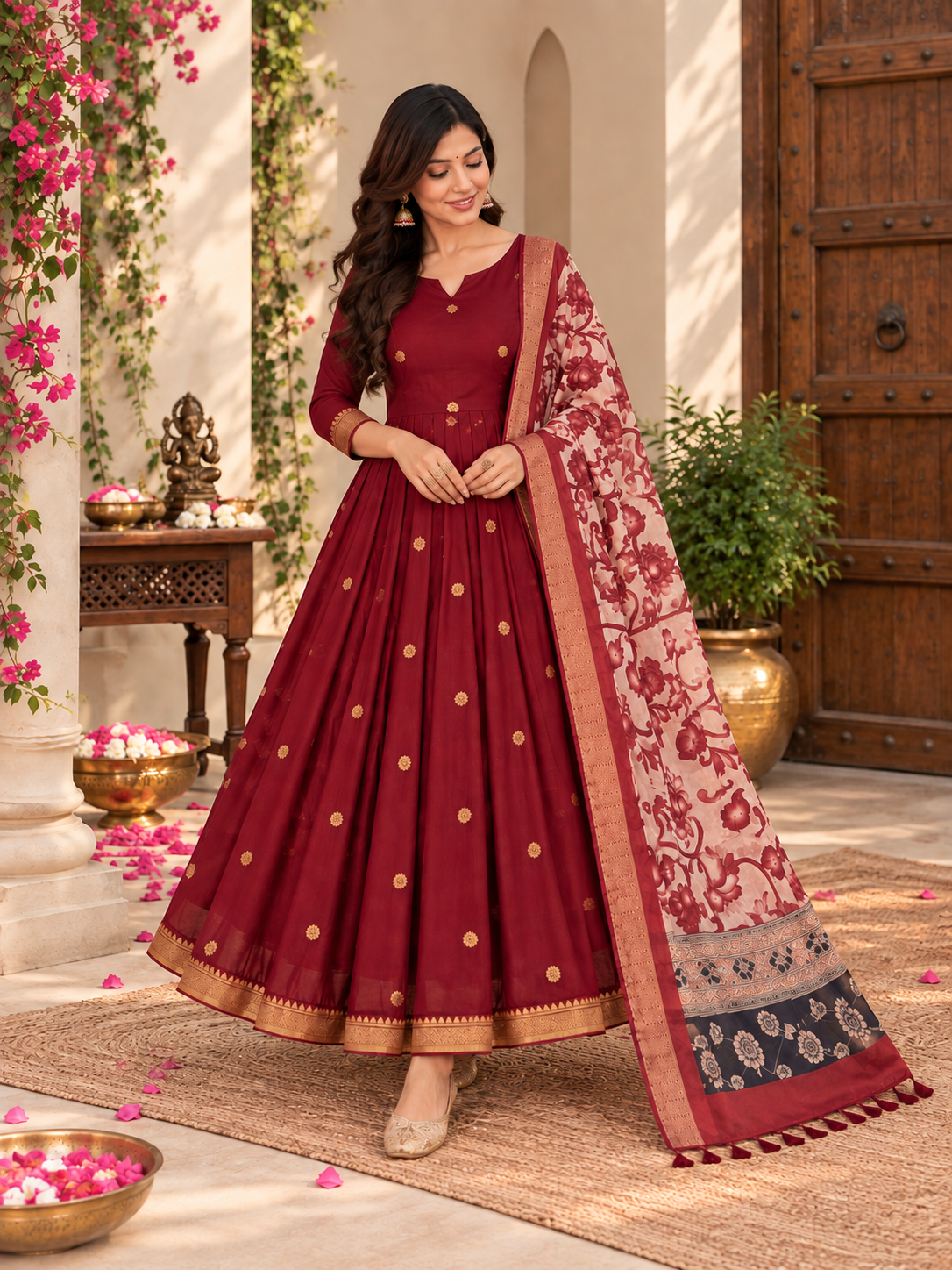 Maroon Festive Anarkali With Floral Dupatta